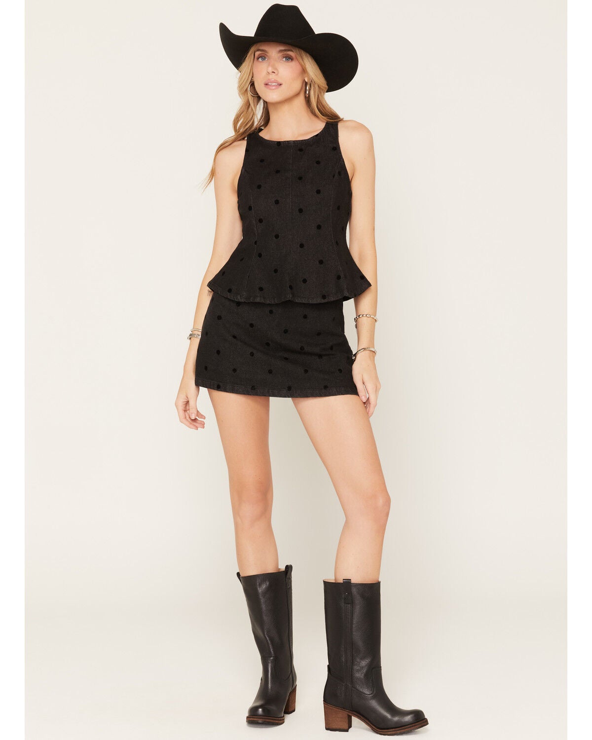 Cleo + Wolf Women's Polka Dot Denim Mini Skort, Black, hi-res