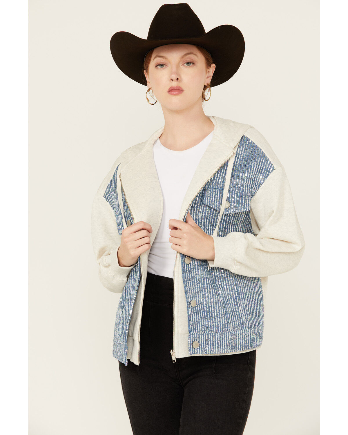 Image #1 - Miss Me Women's Denim Sequins Zip-Up Hoodie, Oatmeal, hi-res