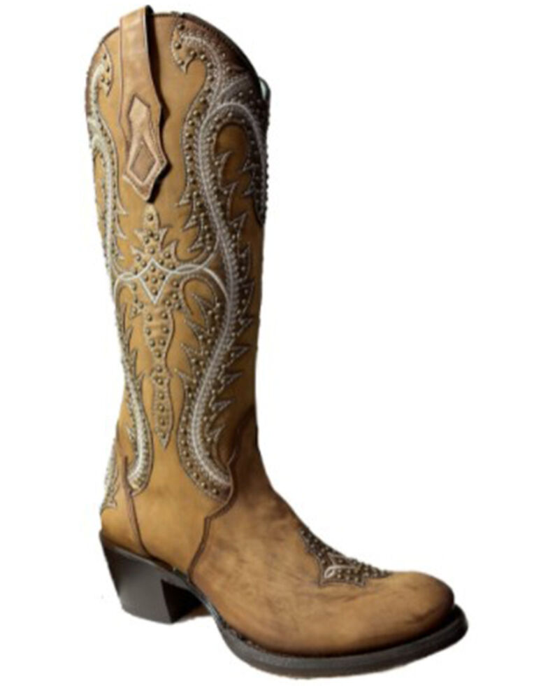 Corral Women's Shedron Embroidered & Studded Tall Western Boots - Round Toe, Brown, hi-res