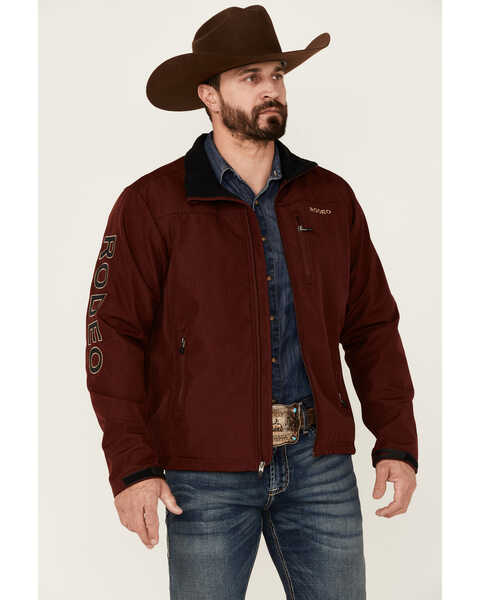 Rodeo Clothing Men's Embroidered Burgundy & Black Logo Zip-Front Softshell Jacket , Burgundy, hi-res