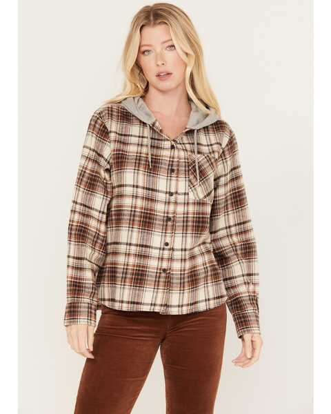 Cleo + Wolf Women's Tau Plaid Print Hooded Flannel Long Sleeve Shirt, Taupe, hi-res