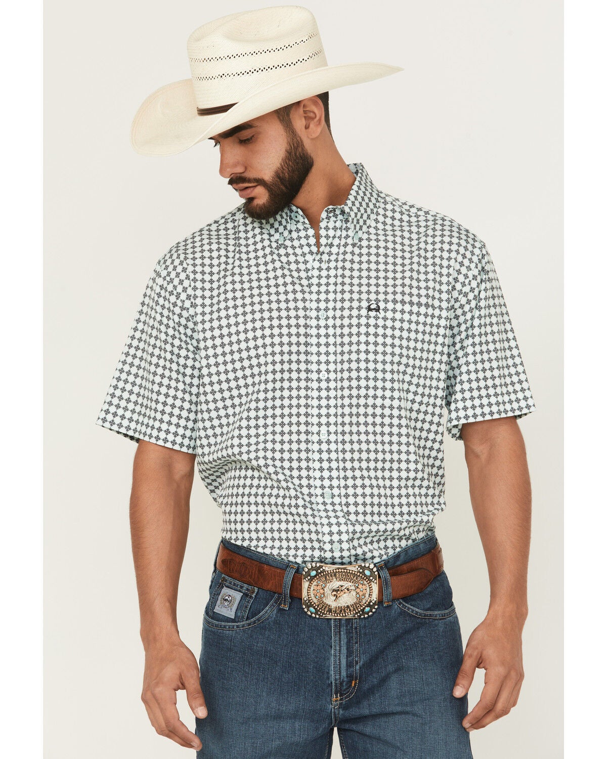 Image #1 - Cinch Men's Geo Print Arenaflex Short Sleeve Button-Down Performance Stretch Western Shirt - Big, Mint, hi-res