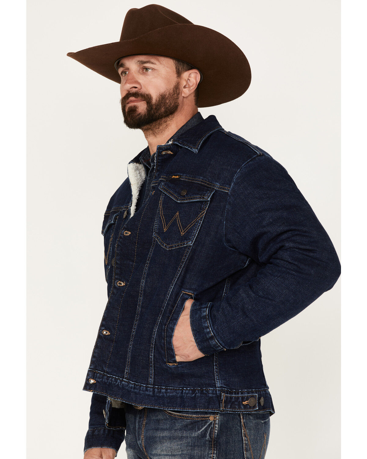 Image #3 - Wrangler Retro Men's Dusty Blue Button-Front Sherpa-Lined Denim Jacket, , hi-res