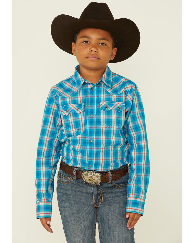 Cody James Boys' Briar Patch Plaid Long Sleeve Snap Western Shirt , Teal, hi-res