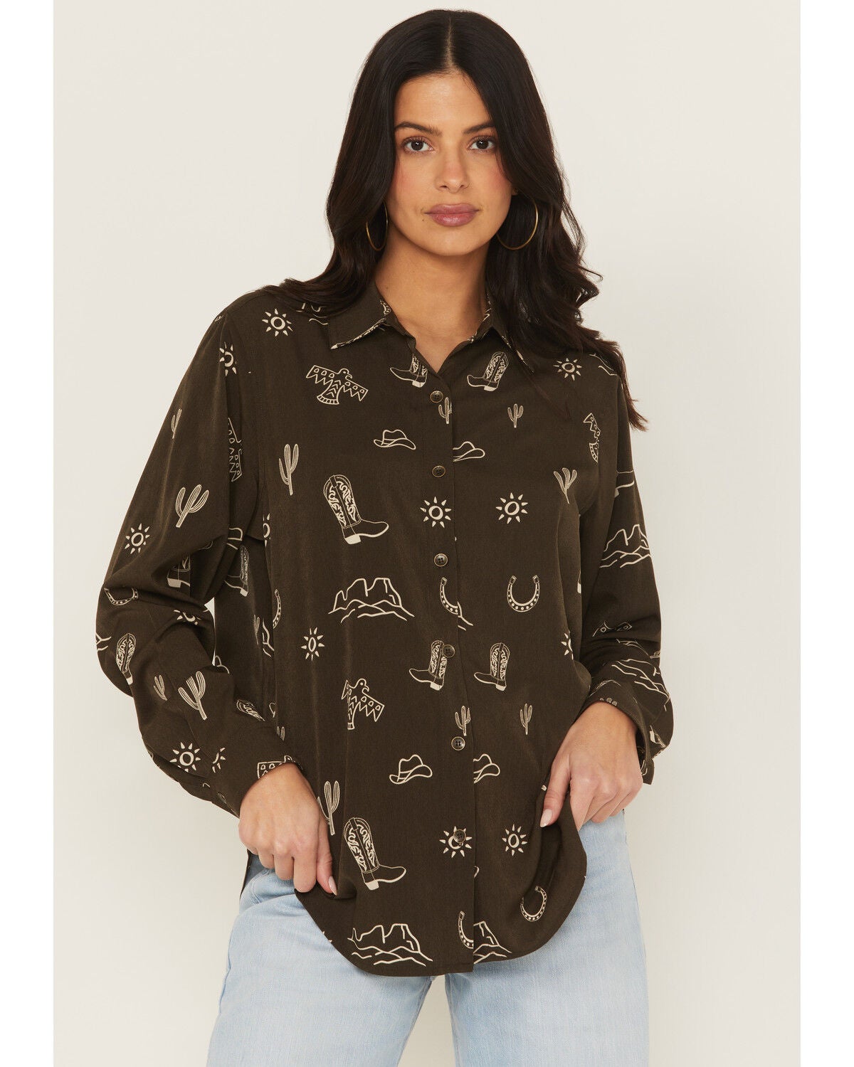Ariat Women's Conversational Print Long Sleeve Button-Down Homestyle Western Shirt, Olive, hi-res