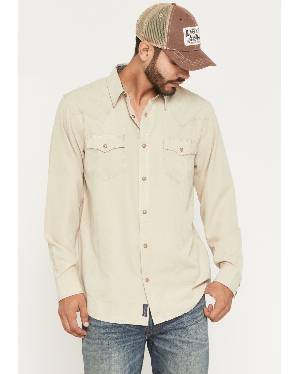 Image #1 - Moonshine Spirit&reg; Men's Side Stage Solid Suede Long Sleeve Snap Western Shirt, Tan, hi-res