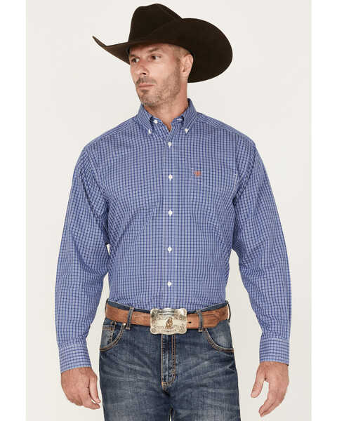Ariat Men's Wrinkle Free Dash Small Plaid Print Long Sleeve Button Down Western Shirt , Blue, hi-res
