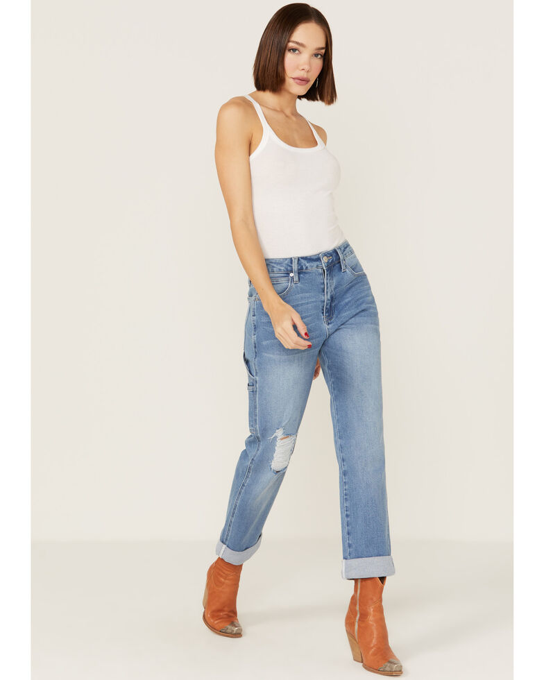Ceros Women's Light Wash High Rise Carpenter Straight Jeans , Blue, hi-res