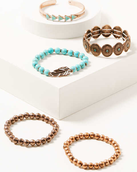 Image #1 - Shyanne Women's 5-piece Copper & Turquoise Beaded Concho Stretch Bracelet Set, Rust Copper, hi-res