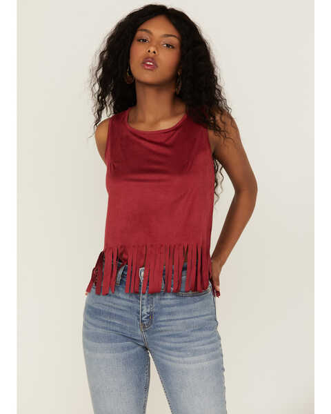 Cowgirl Hardware Women's Faux Suede Fringe Tank, Red, hi-res