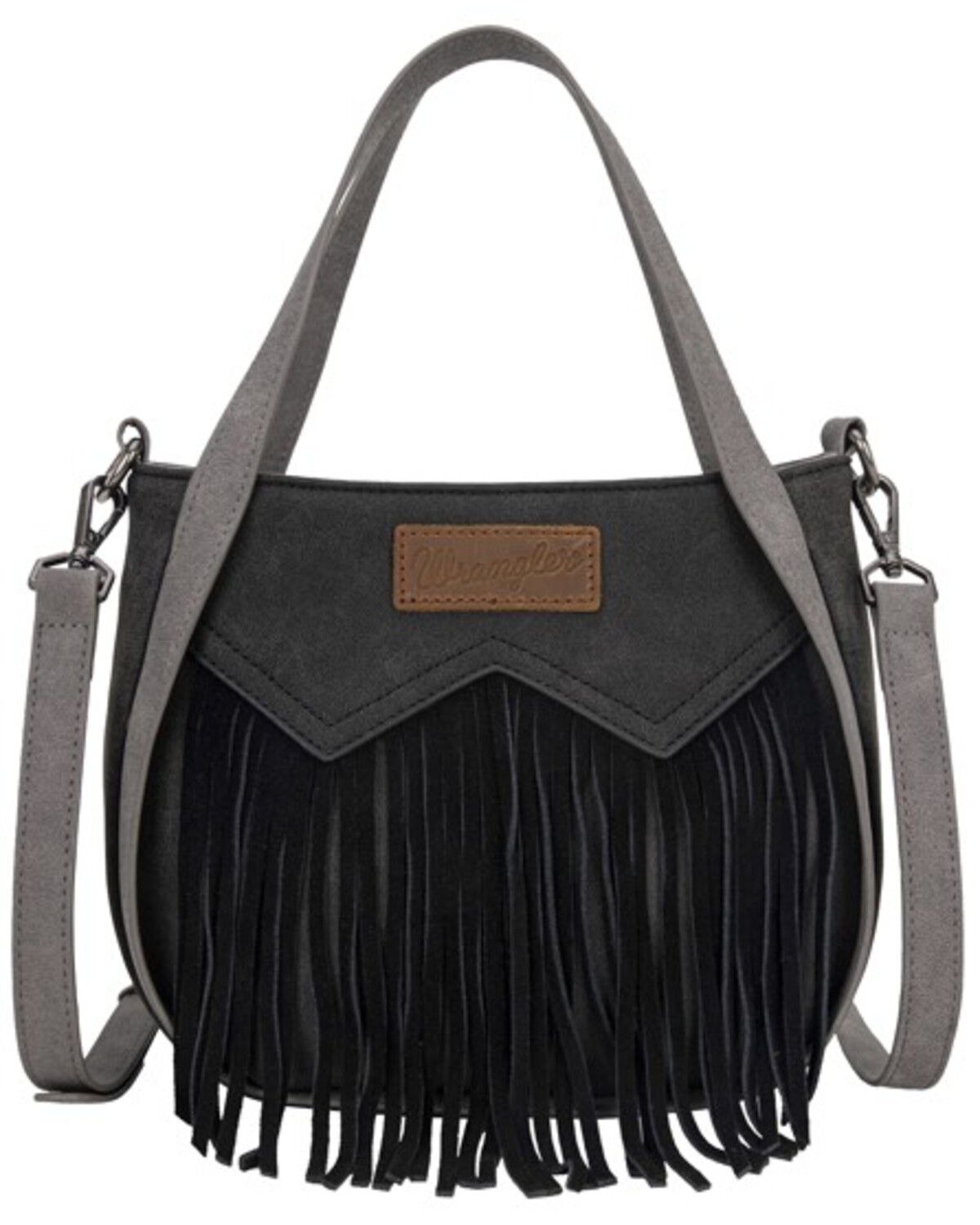 Wrangler Women's "W" Stitch Fringe Two Tone Crossbody, Black, hi-res
