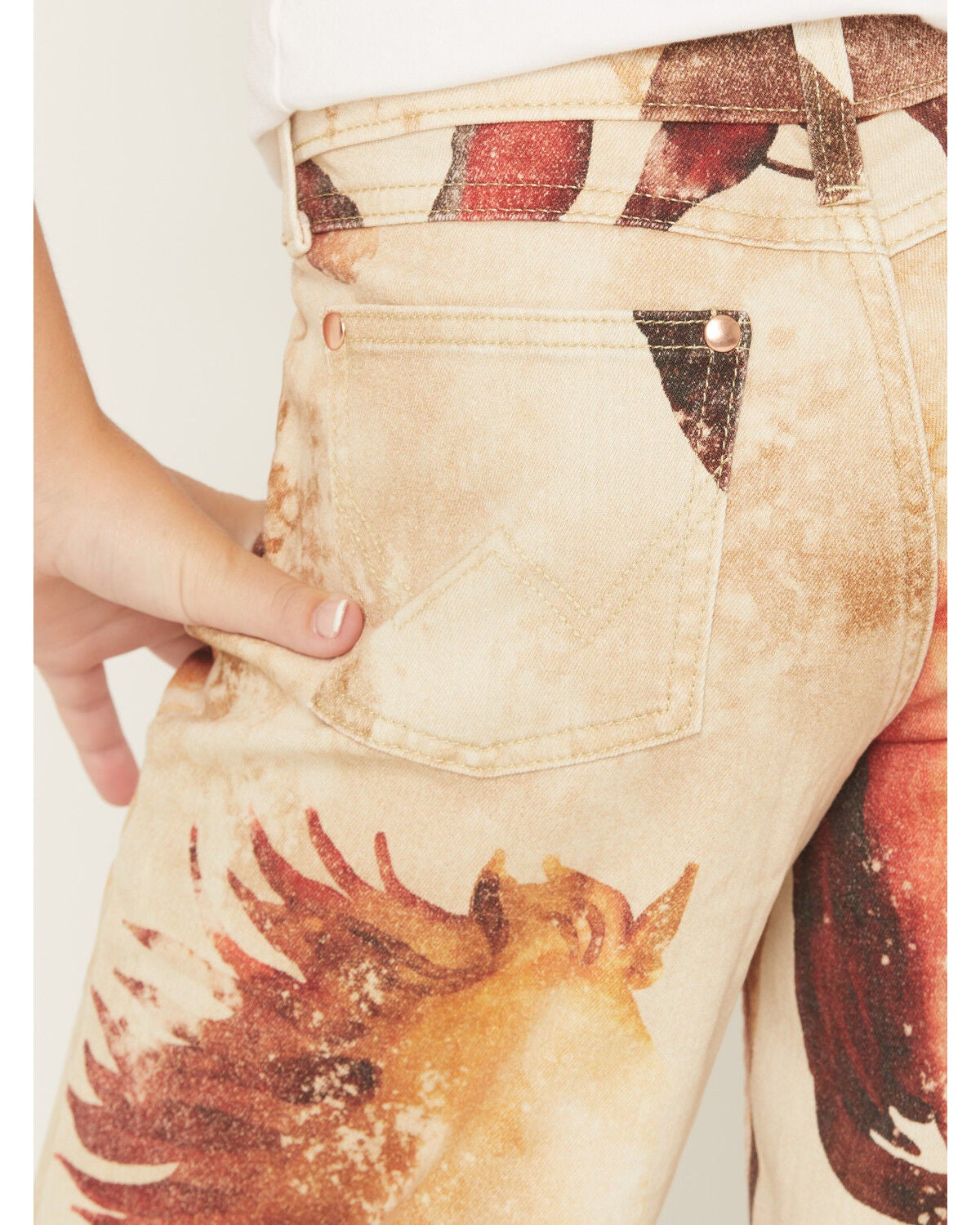 Image #4 - Wrangler X Lainey Wilson Girls' Horse Print Wide Leg Stretch Denim Jeans, Tan, hi-res