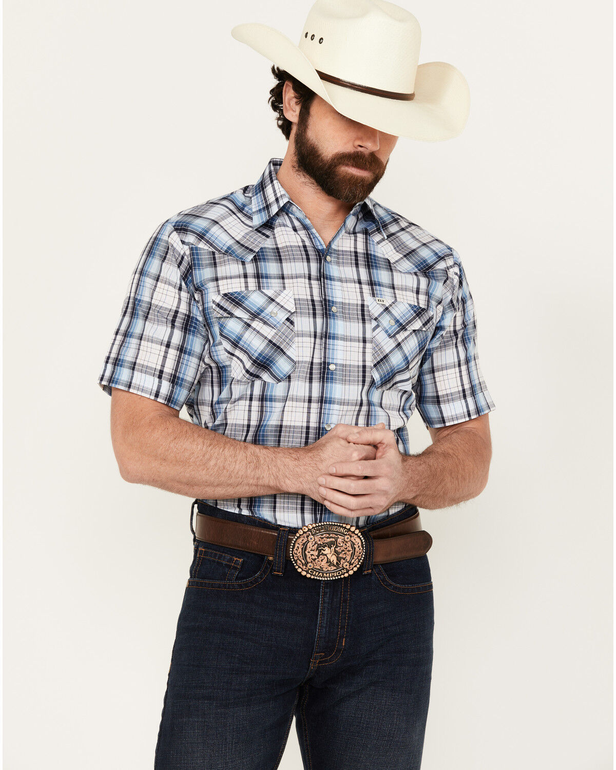 Image #1 - Ely Walker Men's Plaid Print Short Sleeve Snap Western Shirt, Blue, hi-res