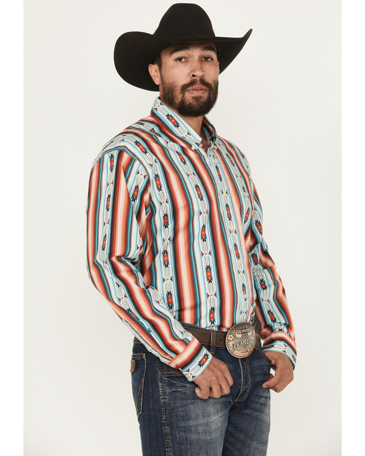 Image #1 - Rock & Roll Denim Men's Southwestern Serape Striped Long Sleeve Button-Down Stretch Western Shirt, Red, hi-res