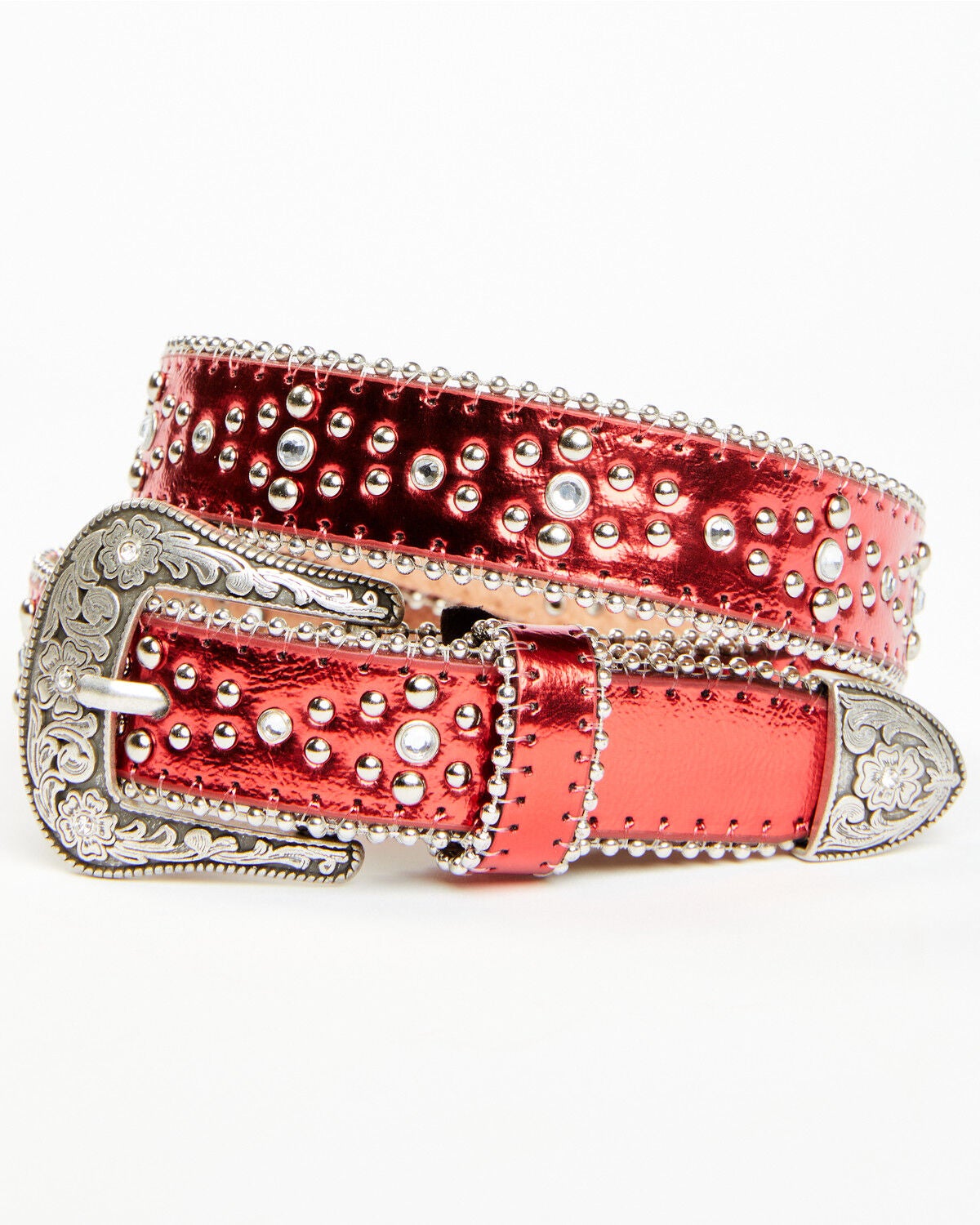 Shyanne Girl's Metallic Crystal Stone Belt, Red, hi-res