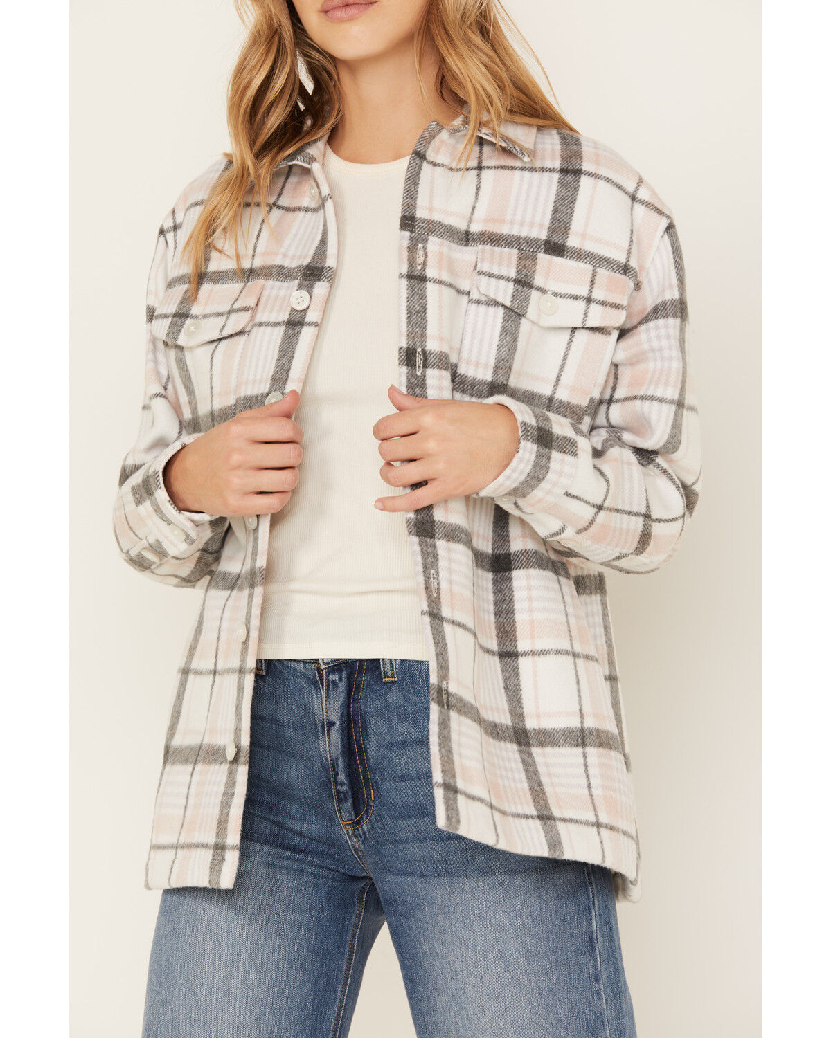Image #2 - Cleo + Wolf Women's Plaid Print Shacket, Ivory, hi-res