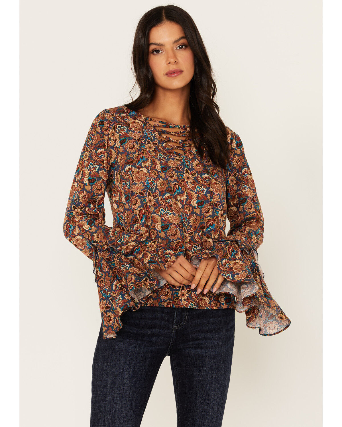 Image #1 - Idyllwind Women's Rouge Paisley Print Lace-Up Top, Dark Blue, hi-res