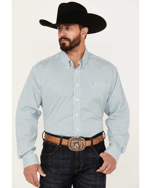 Cinch Men's Diamond Geo Print Long Sleeve Button-Down Stretch Western Shirt, Turquoise, hi-res