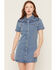 Image #1 - Blue B Women's Boot Barn Exclusive Embroidered Short Sleeve Snap Denim Mini Dress, Medium Wash, hi-res