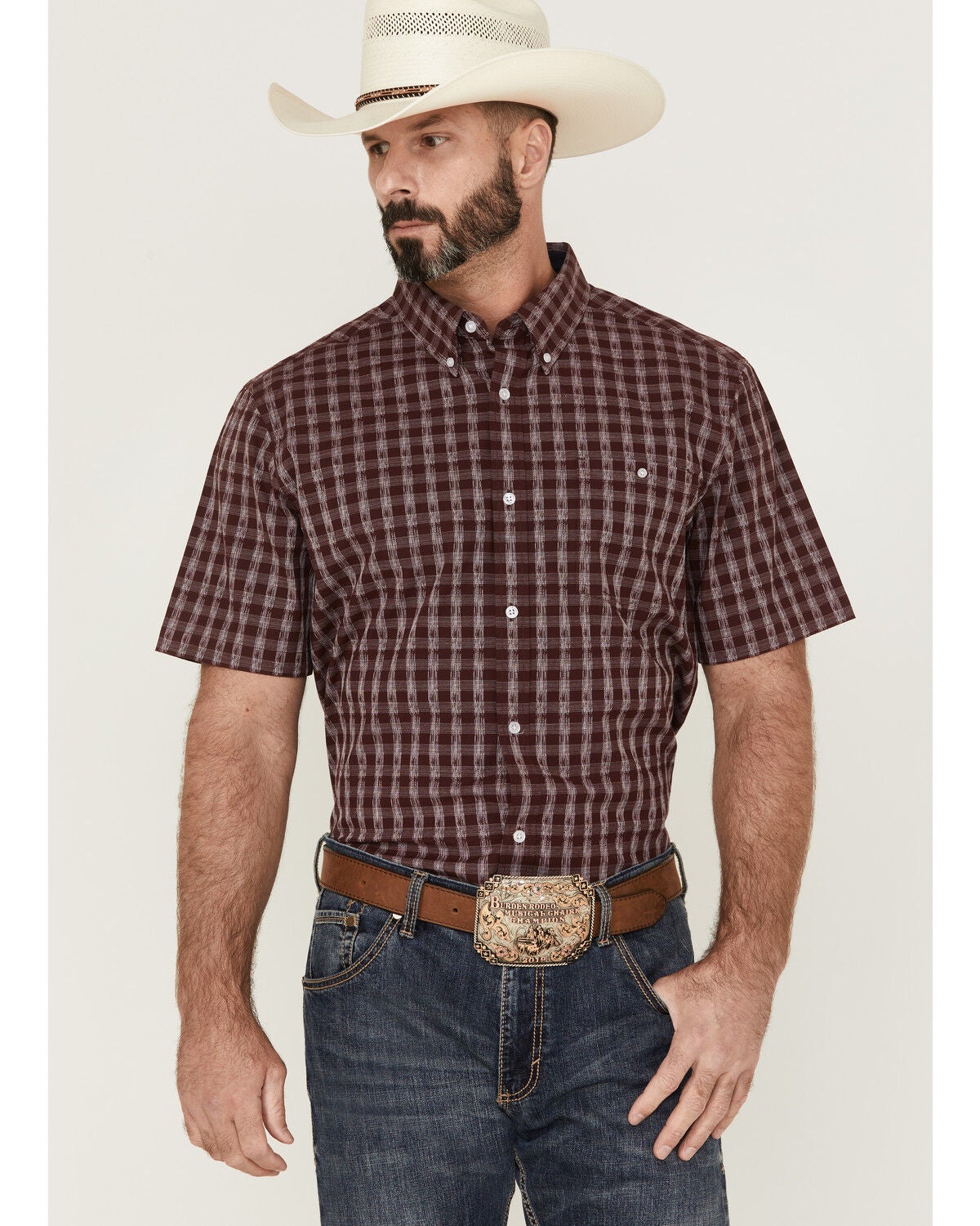 RANK 45&reg; Men's Pick Up Small Plaid Print Short Sleeve Button-Down Western Shirt, Blue, hi-res