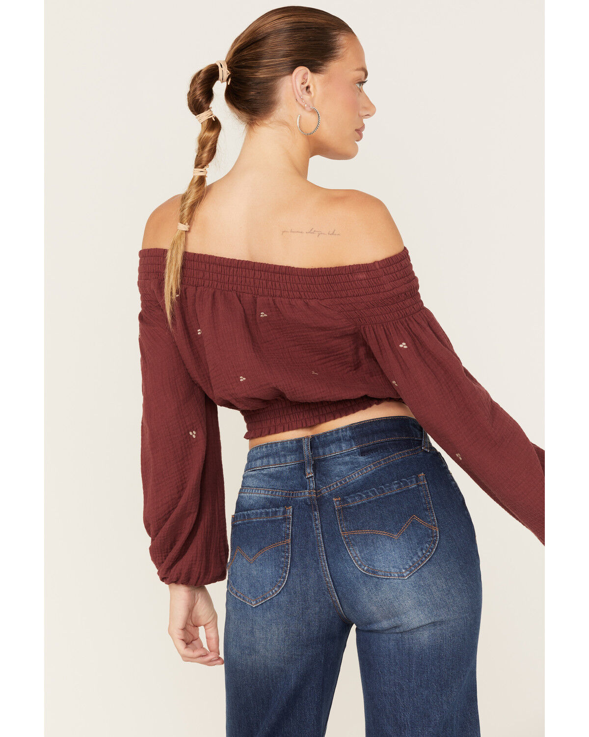Image #4 - Shyanne Women's Off-Shoulder Embroidered Crop Top, Wine, hi-res