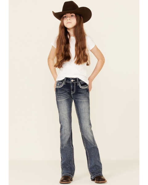Grace In LA Girls' Dark Wash Embroidered Swoosh Pocket Bootcut Jeans , Blue, hi-res