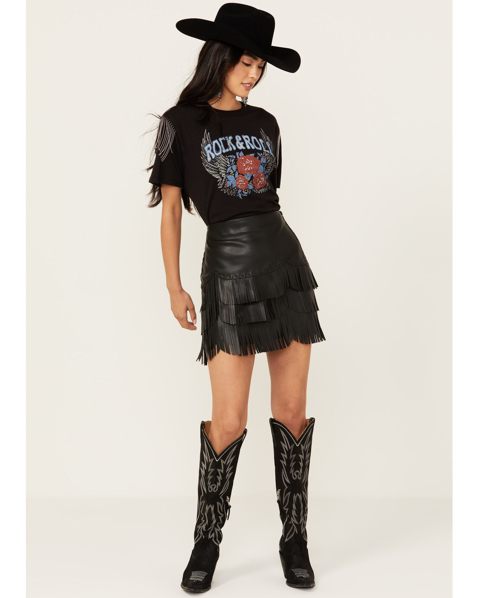Womens leather fringe skirt discount