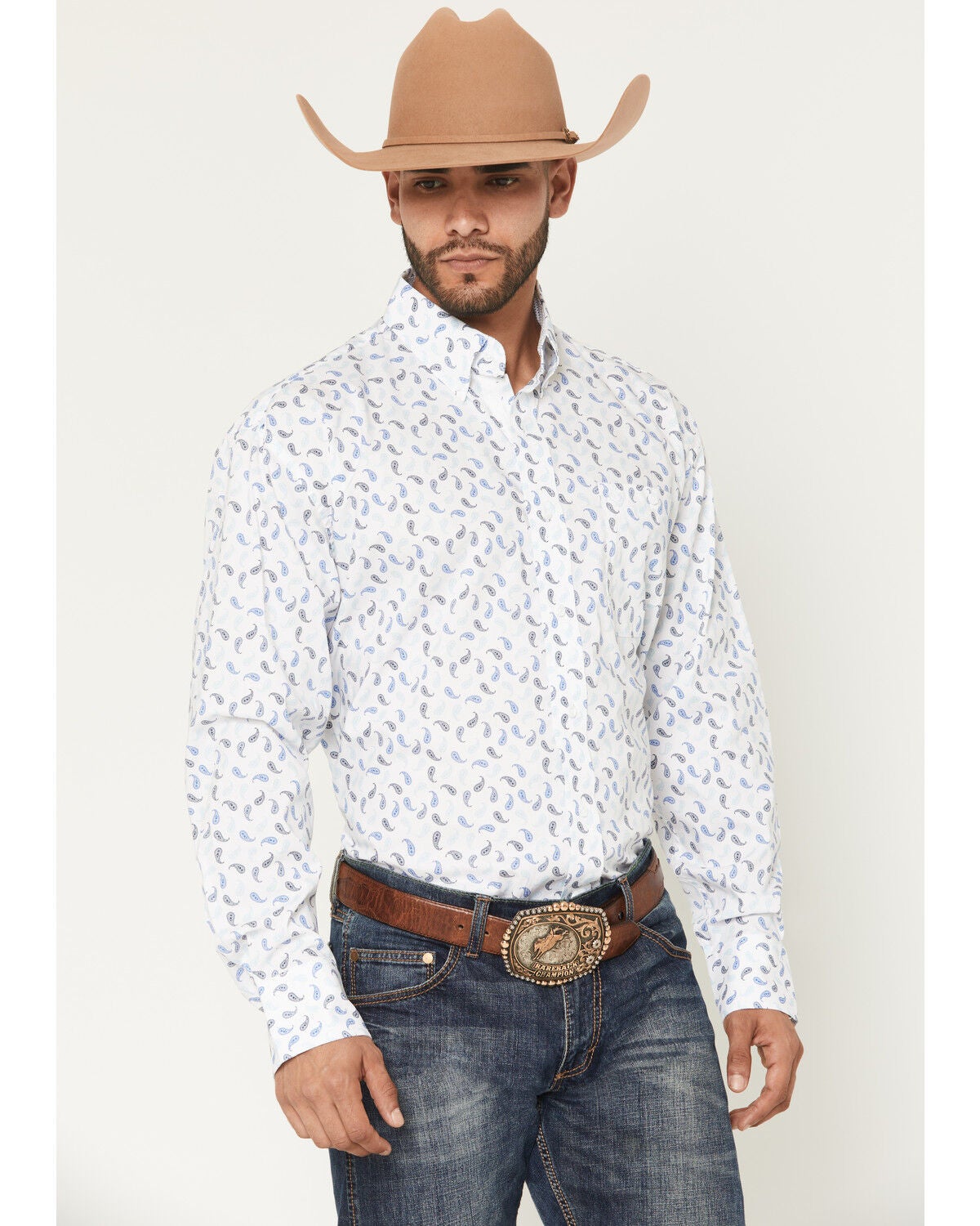 George Strait by Wrangler Men's Paisley Print Long Sleeve Button-Down Stretch Western Shirt, White, hi-res
