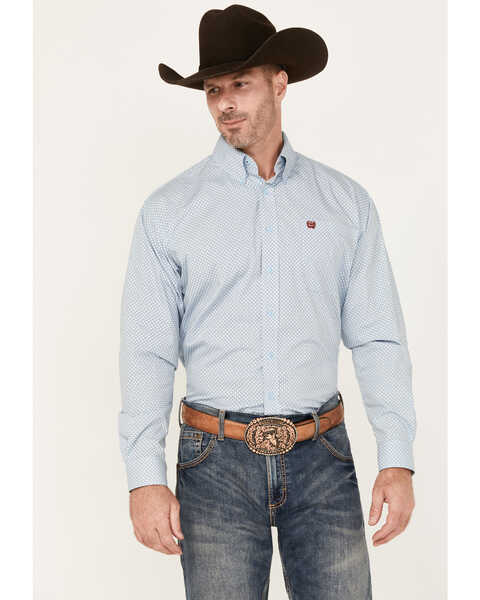 Cinch Men's Diamond Geo Print Long Sleeve Button-Down Western Shirt, Light Blue, hi-res