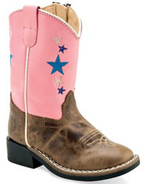 Old West Toddler Girls' Stars Western Boots - Broad Square Toe, Brown, hi-res