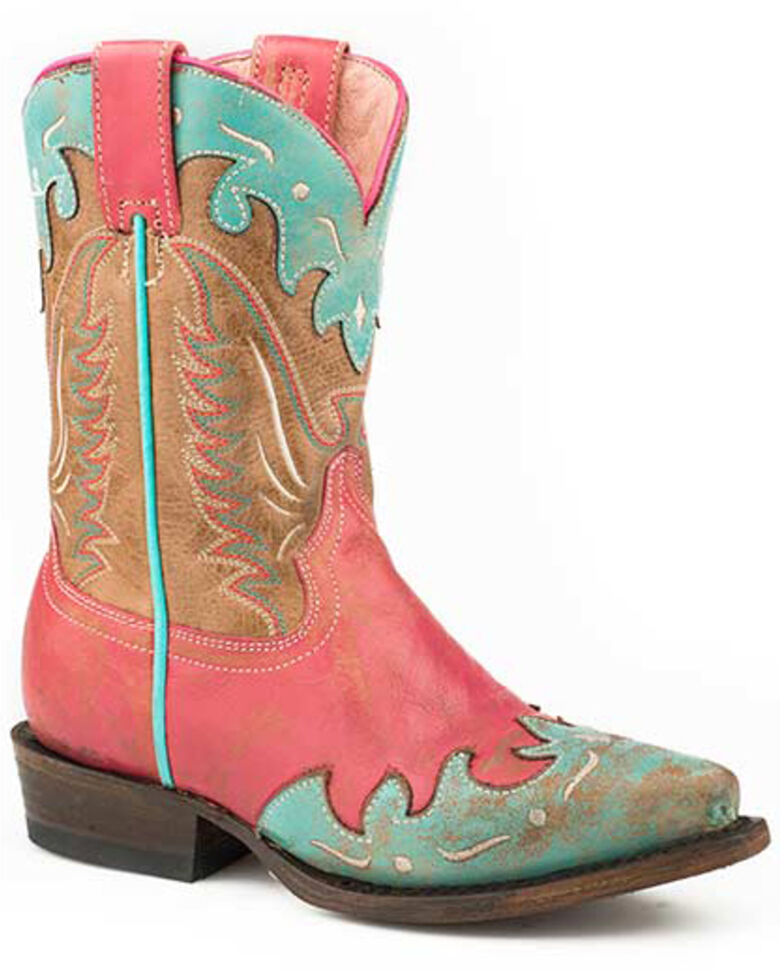 Roper Girls' Turquoise Wingtip Western Boots - Snip Toe, Pink, hi-res