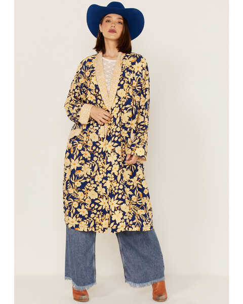 Free People Women's Wild Nights Floral Print Long Sleeve Kimono Duster, Blue, hi-res