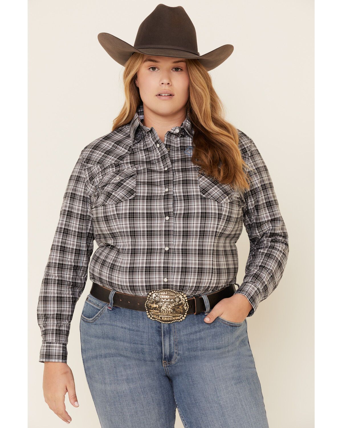 Image #1 - Rough Stock by Panhandle Women's West Bourne Plaid Print Long Sleeve Western Shirt - Plus, Black, hi-res