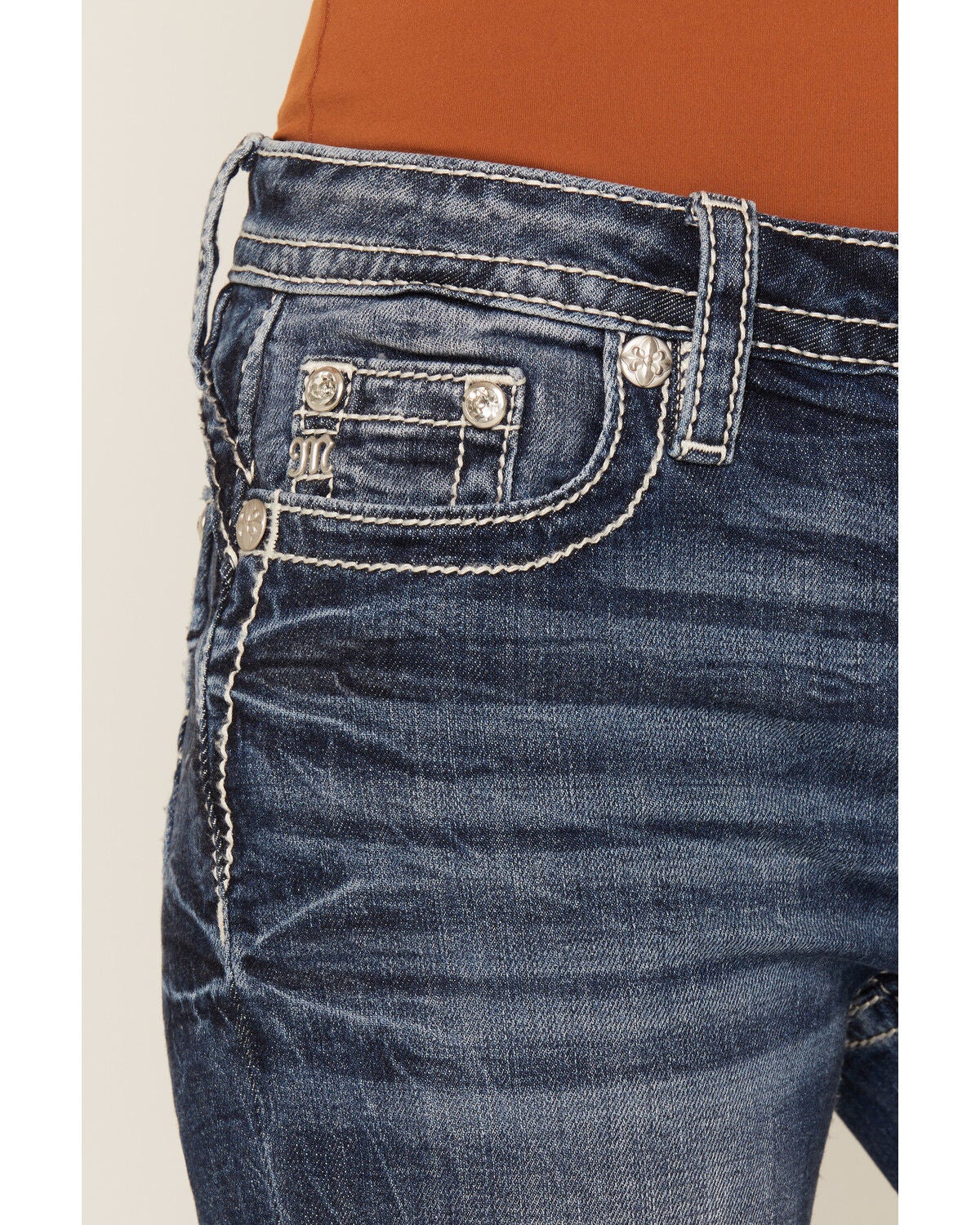 Image #4 - Miss Me Women's Dark Wash Geo Border Pocket Bootcut Stretch Denim Jeans, Dark Wash, hi-res