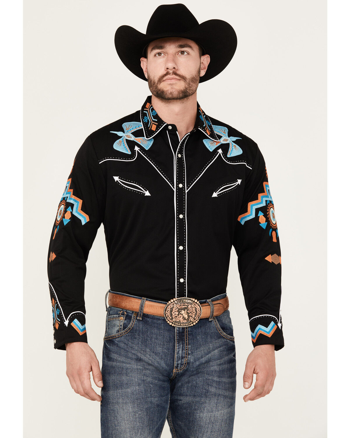 Image #1 - Scully Men's Phoenix Embroidered Retro Long Sleeve Western Shirt, , hi-res