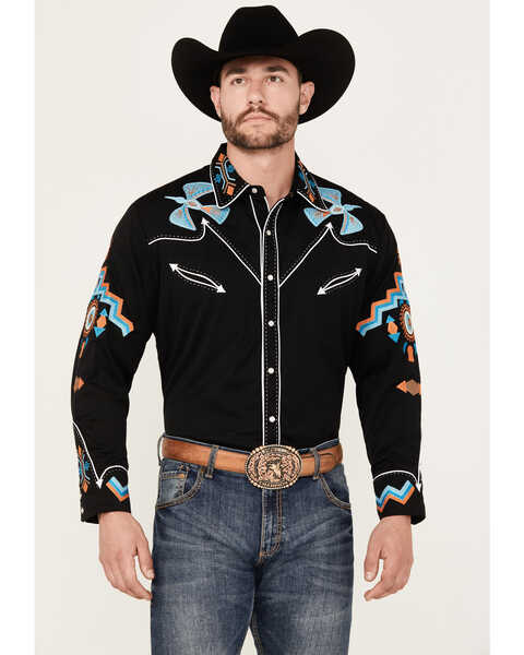 Image #1 - Scully Men's Phoenix Embroidered Retro Long Sleeve Western Shirt , Black, hi-res