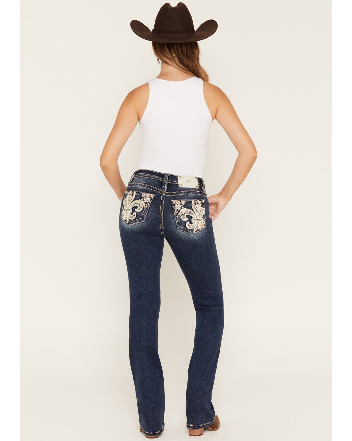Image #1 - Miss Me Women's Dark Wash Mid Rise Fleur de Lis 32" Bootcut Stretch Denim Jeans, Dark Wash, hi-res