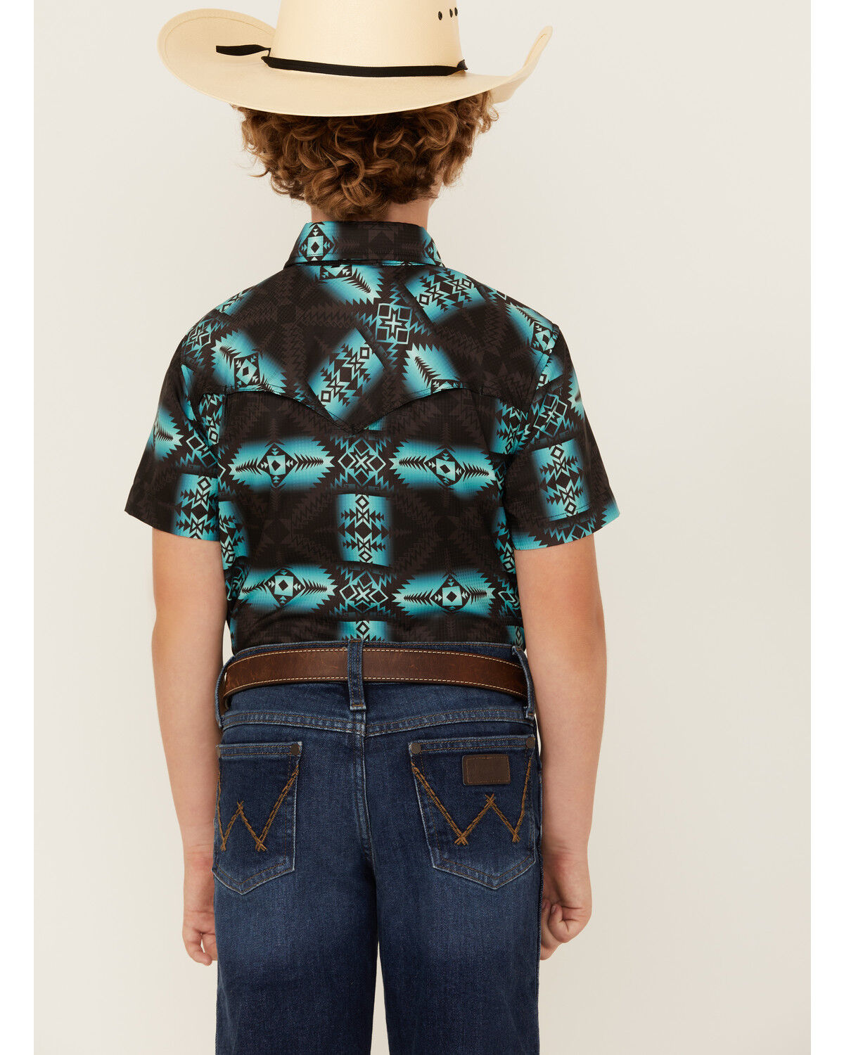 Image #4 - Rock & Roll Denim Boys' Southwestern Print Moisture Wicking Short Sleeve Snap Western Shirt, Teal, hi-res