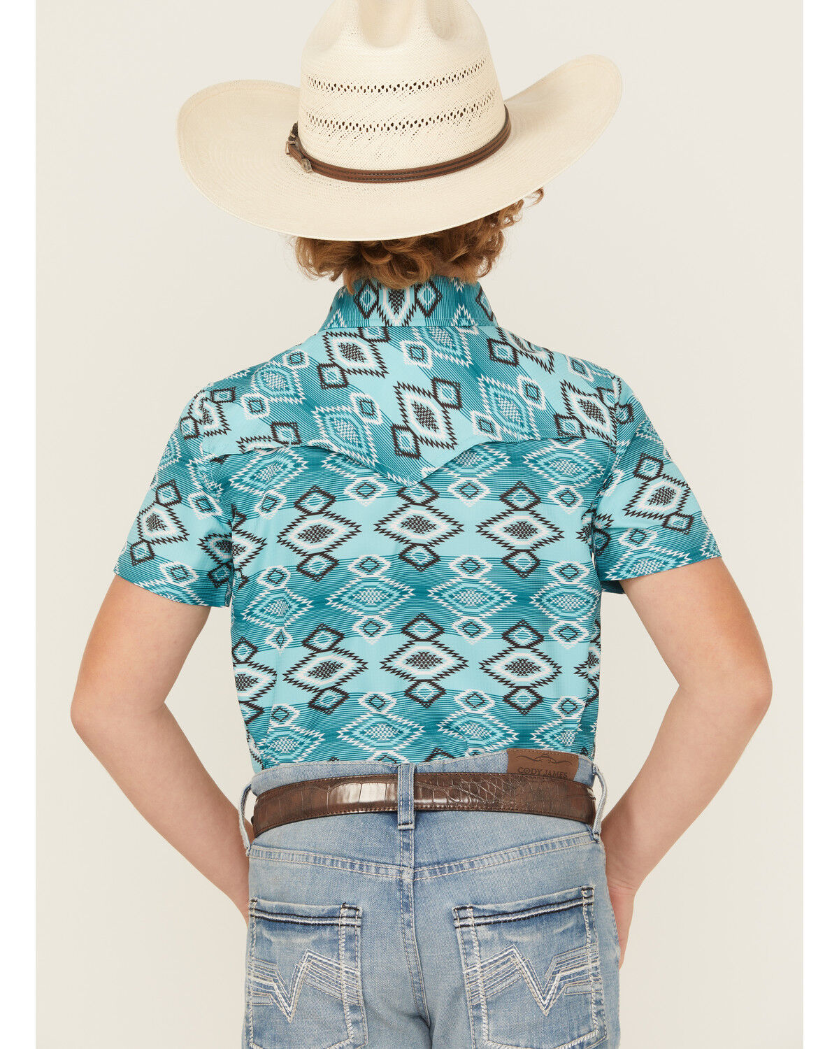 Image #4 - Rock & Roll Denim Boys' Southwestern Print Short Sleeve Snap Western Shirt, Teal, hi-res