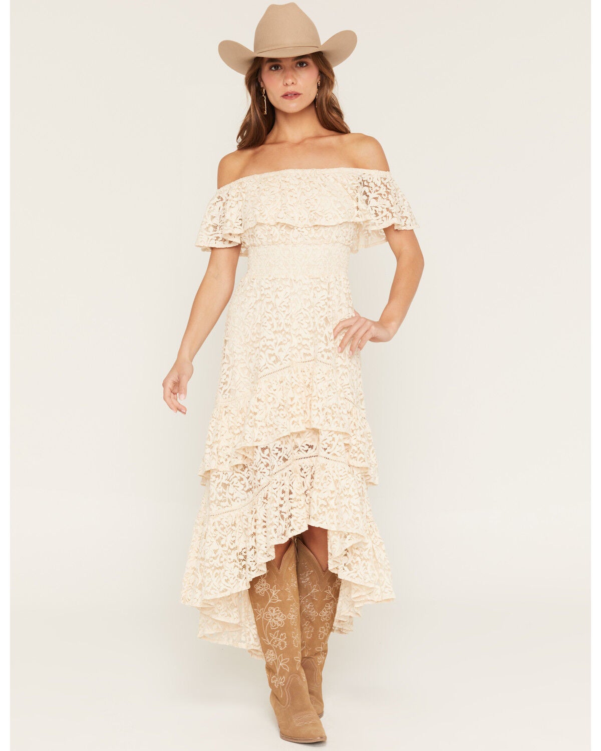 Shyanne Women's Off The Shoulder Lace Midi Dress, Natural, hi-res