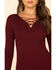 Red Label by Panhandle Women's Lace Up Ribbed Sweater, Burgundy, hi-res