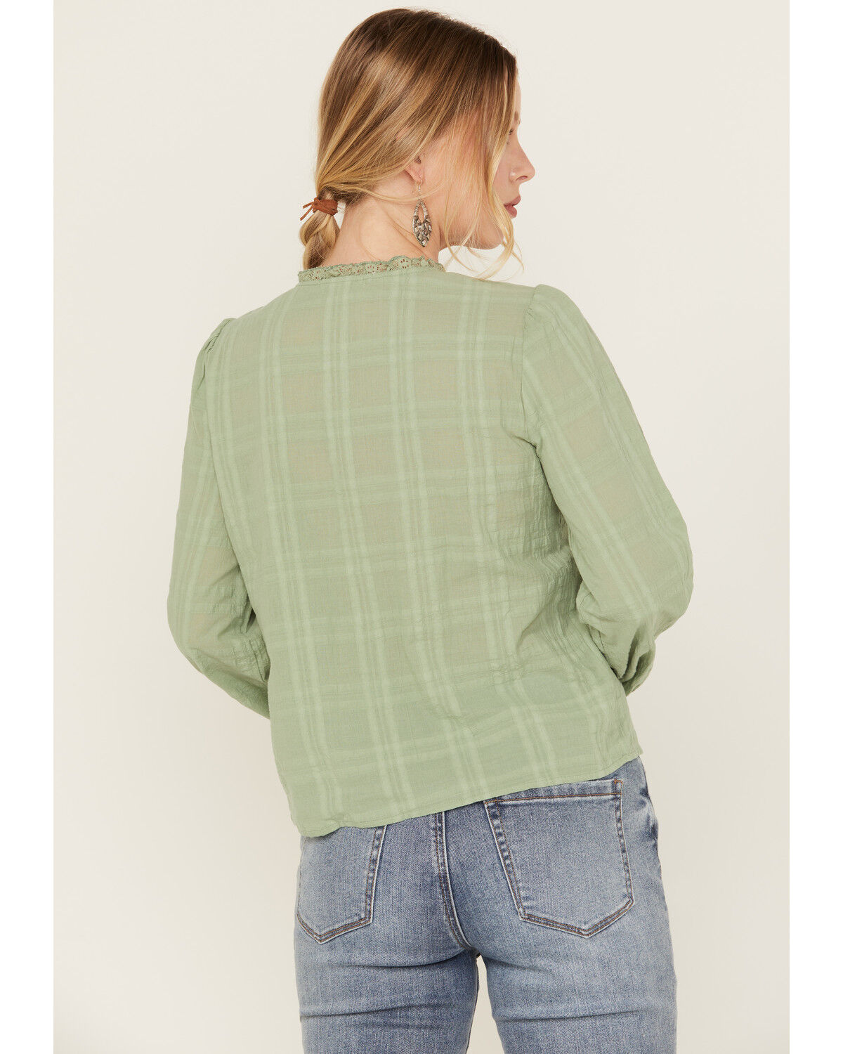 Image #4 - Jolt Women's Lace Trim Long Sleeve Peasant Top, Sage, hi-res