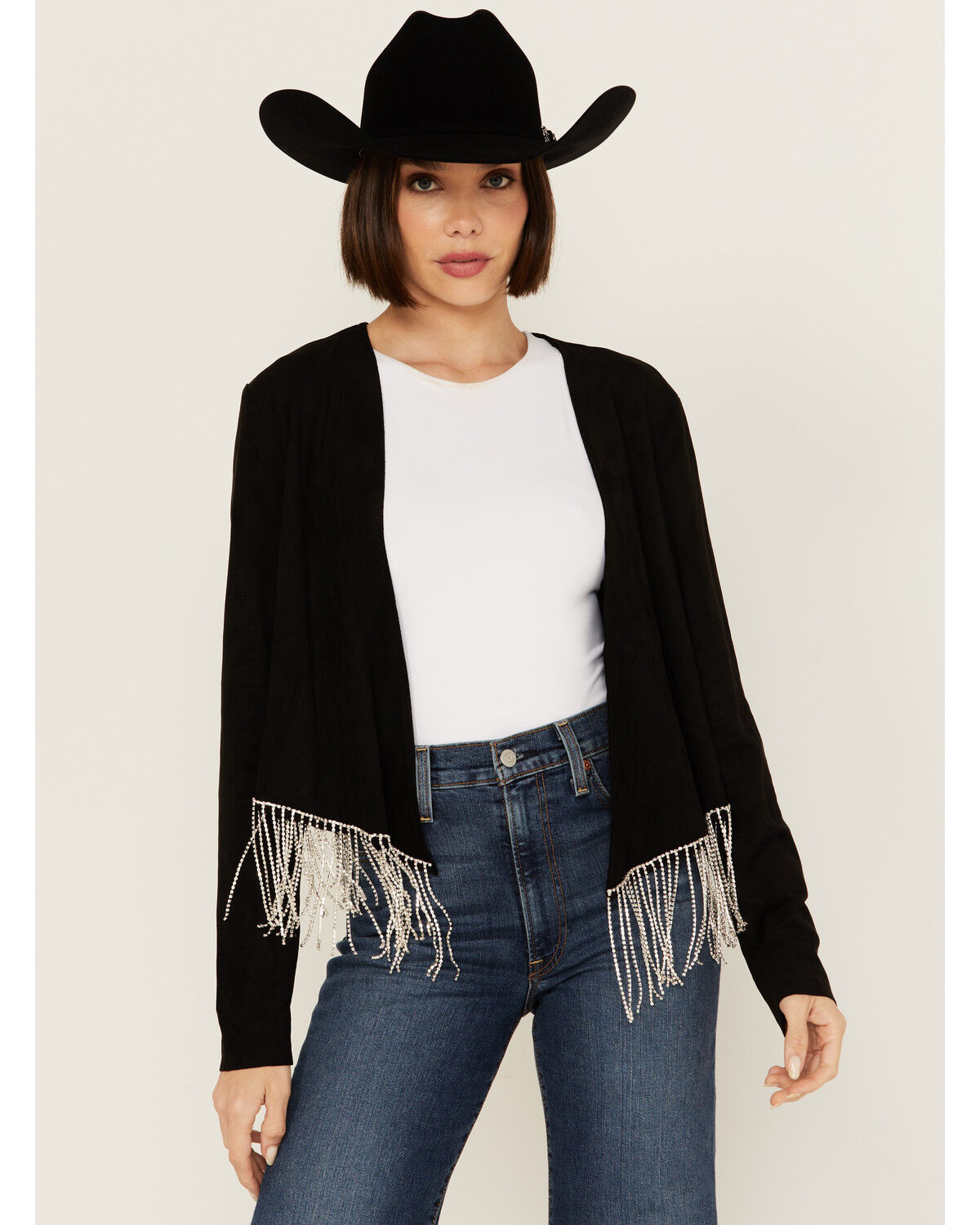 Image #1 - Vocal Women's Rhinestone Fringe Jacket, Black, hi-res