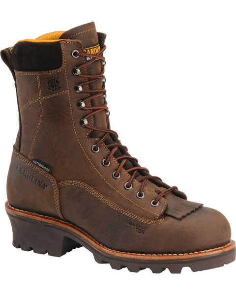 Carolina Men's 8" Crazy Horse Waterproof Lace-to-Toe Logger Boots - Round Toe, Brown, hi-res