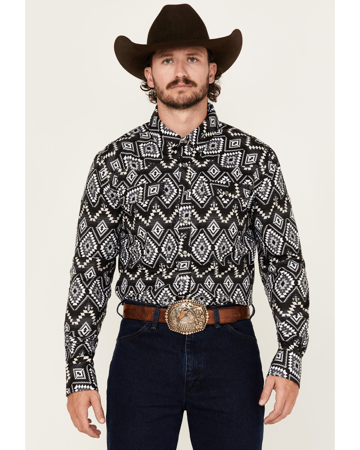 Image #1 - Rock & Roll Denim Men's Tek Southwestern Print Long Sleeve Pearl Snap Western Shirt, Black, hi-res