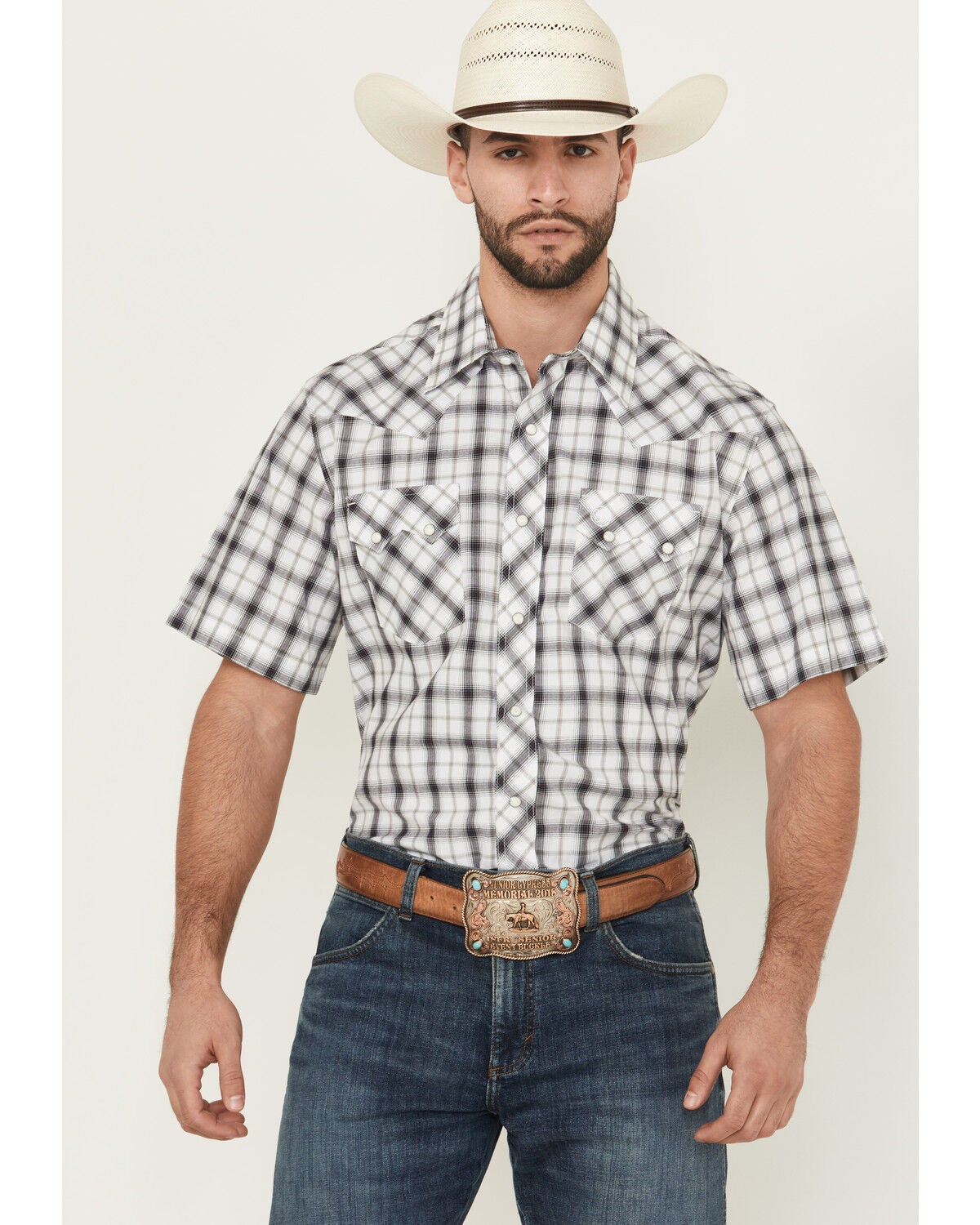 Wrangler Retro Men's Plaid Print Short Sleeve Snap Western Shirt, White, hi-res