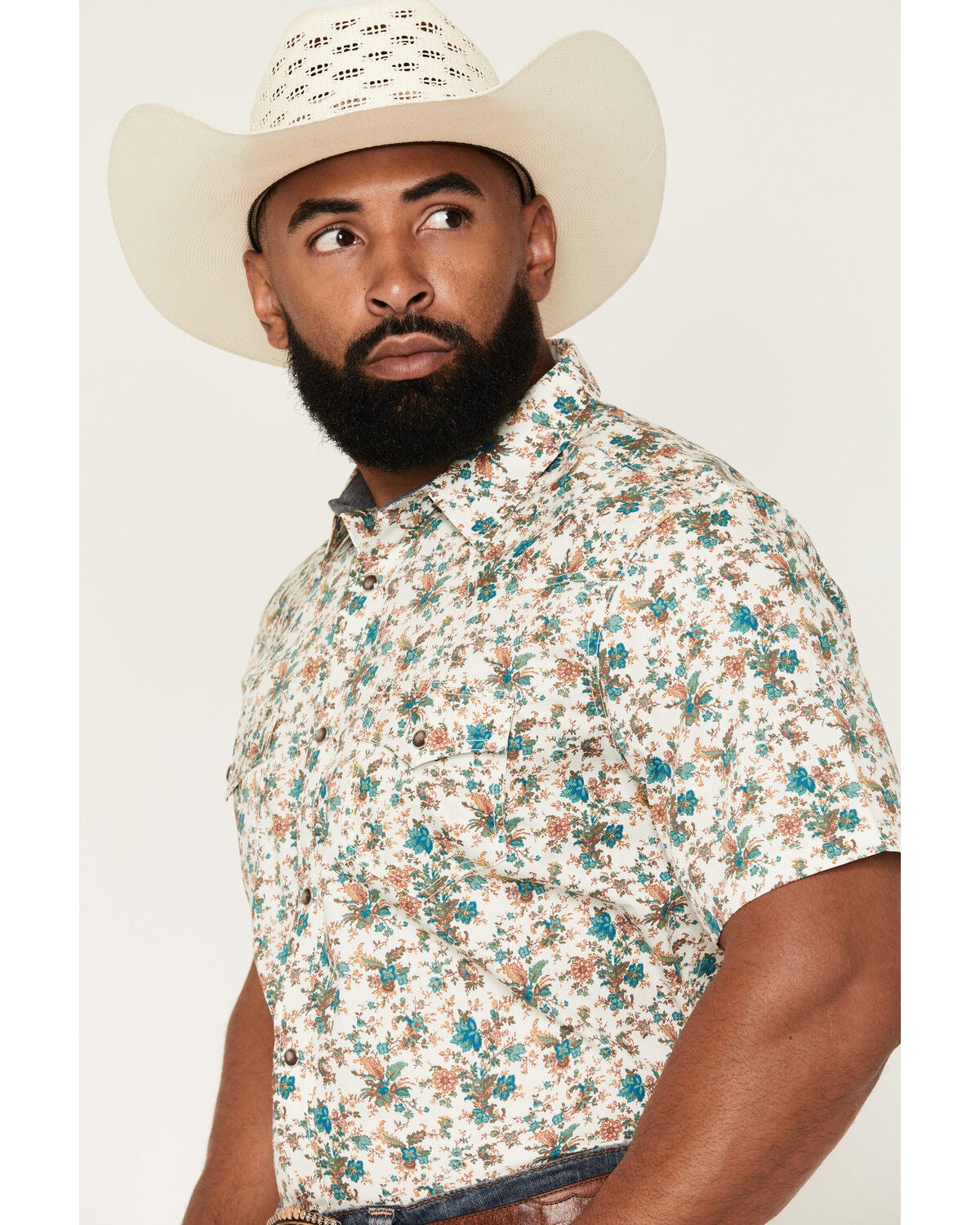 Image #2 - Cody James Men's Blossom Floral Print Short Sleeve Snap Western Shirt, Cream, hi-res
