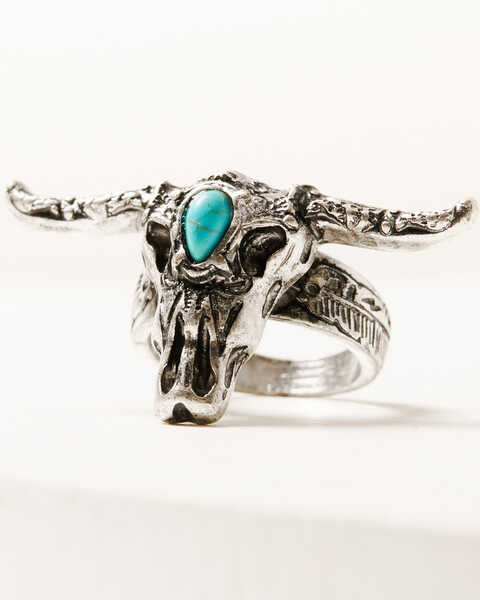 Image #2 - Shyanne Women's Silver Longhorn with Turquoise Stone Ring, Silver, hi-res