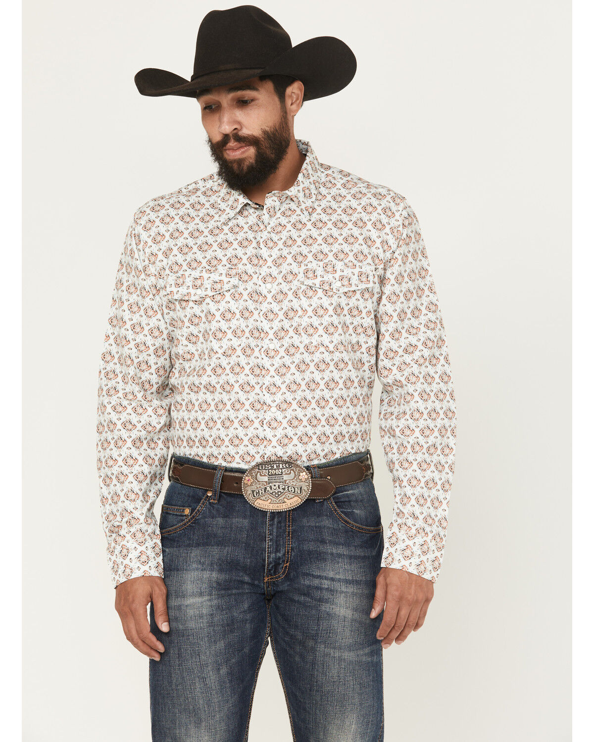 Image #1 - RANK 45® Men's Romans Medallion Print Long Sleeve Snap Performance Western Shirt, White, hi-res