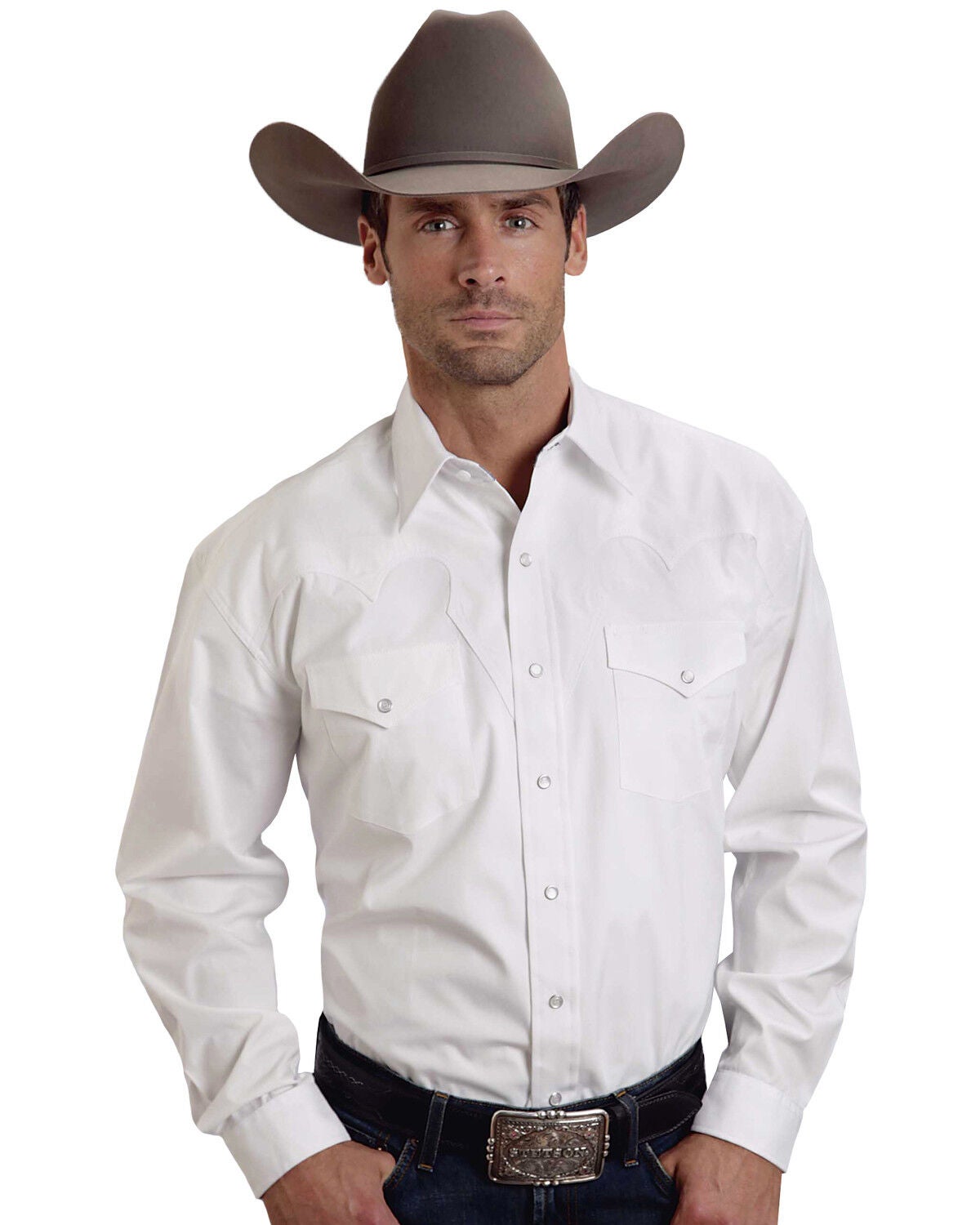 Image #1 - Stetson Men's White Solid Long Sleeve Western Shirt, White, hi-res